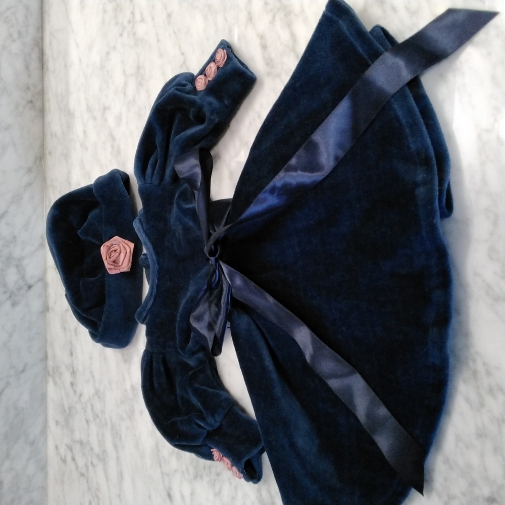 Velor Navy Dress and with Rose Accents for approx. 18" doll.